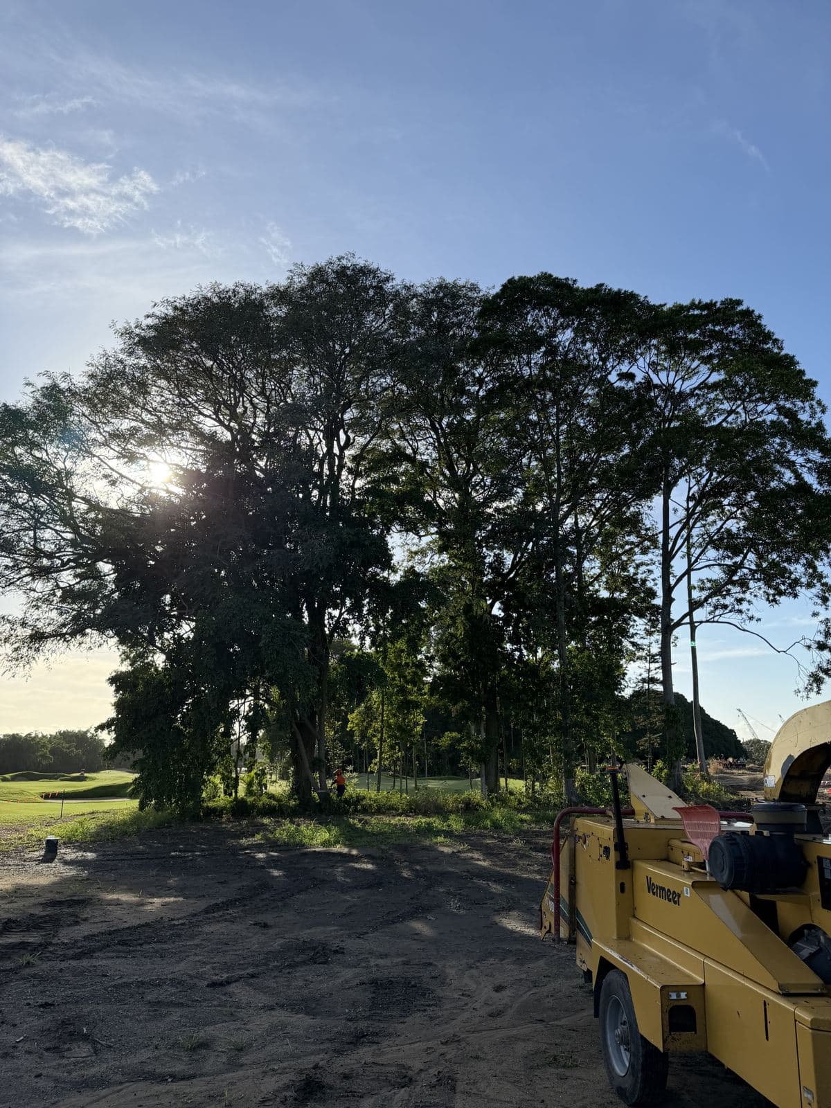Truck and chipper on site under the trees